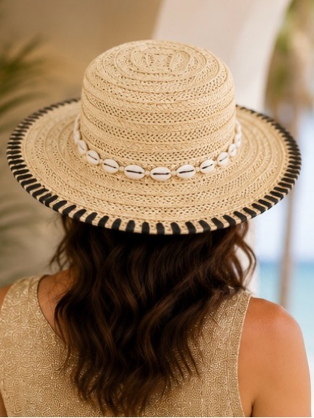Chico’s Straw Sun Hat Cowrie Shell Trim Black Whipstitch Wide Brim Beach Resort - Picture 3 of 14